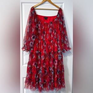 Red floral ruffle mesh midi dress - 3X